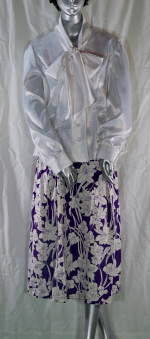 White Satin Blouse and Purple Floral Linen Skirt